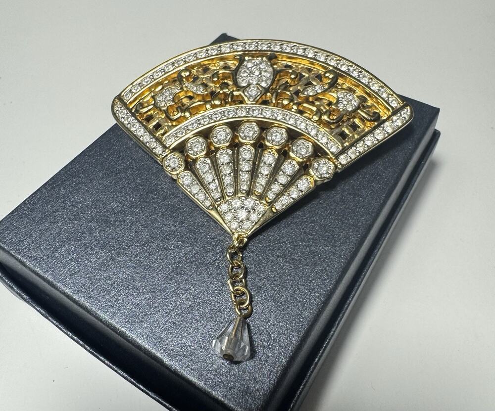 Vintage Swarovski Gold Tone Rhinestone Fan Brooch Pin Hanging Crystal Charm